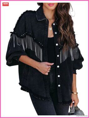 Oversized Fringe Denim Jacket Sparkly Tassel Western Coat